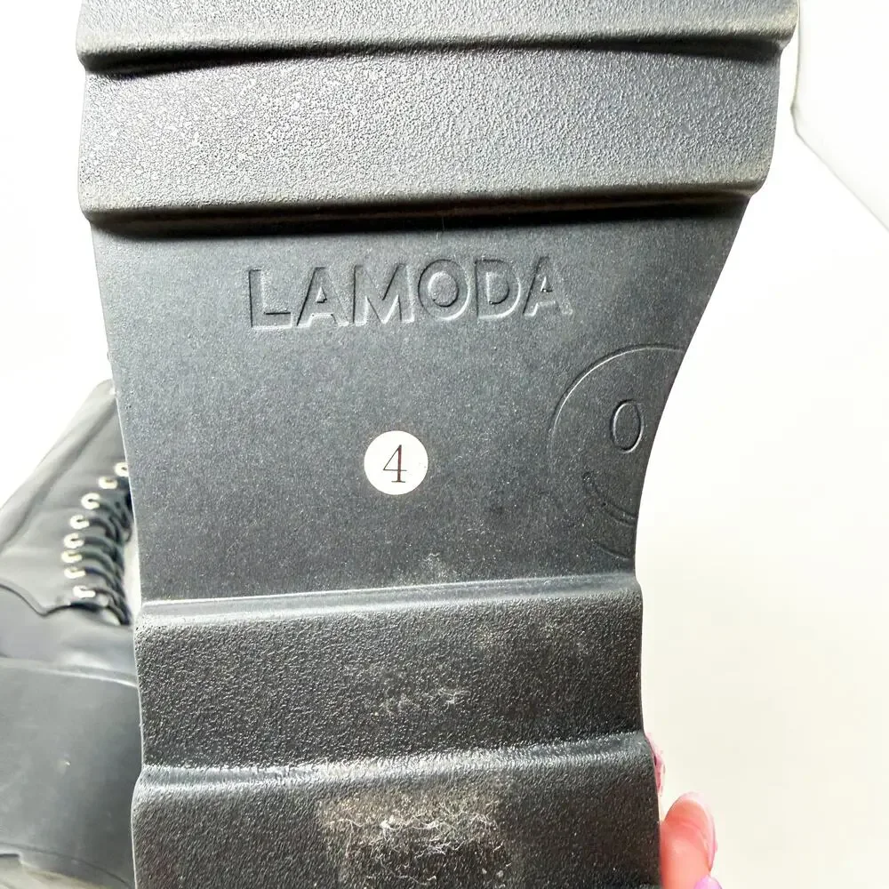 Lamoda Black Faux Leather Chunky Platform Goth Combat Boots 4UK Lace Up/Side Zip
